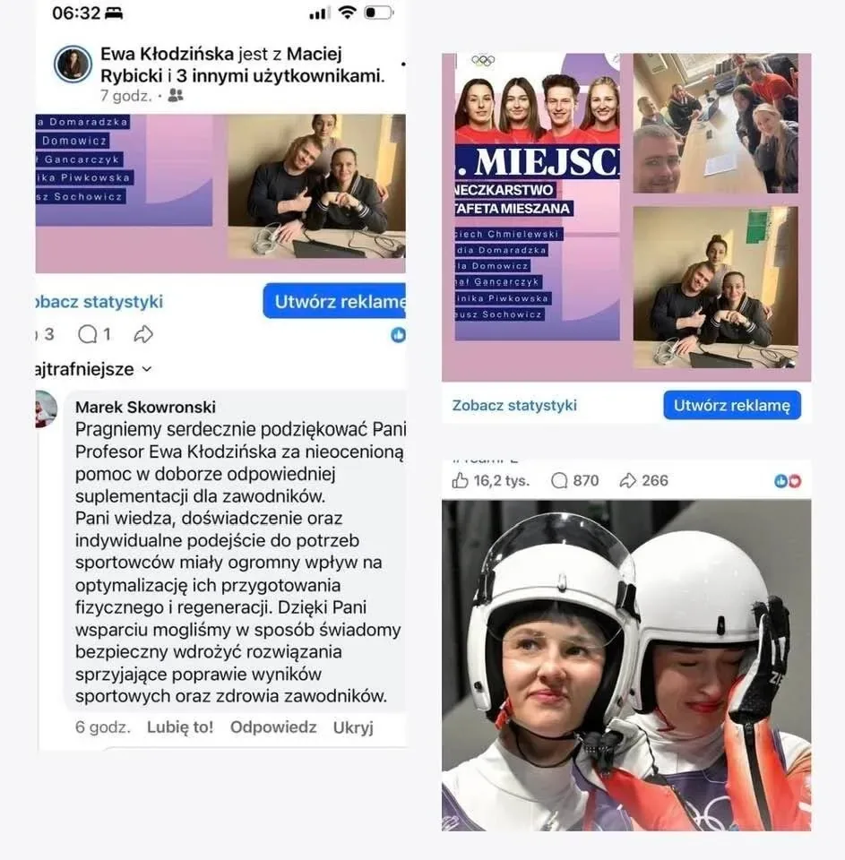 Podziękowania od trenera dla prof. Ewy Kłodzińskiej (Facebook)